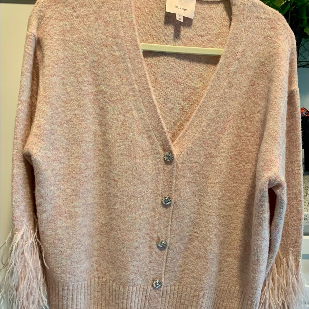 Cinq A Sept. BNWOT! Peach Brianna ostrich feather-embellished cardigan. - Picture 2 of 7